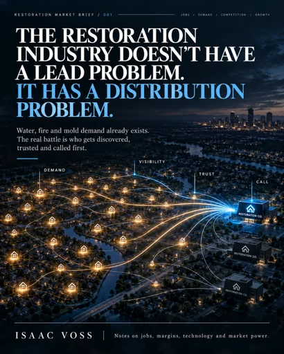 Restoration Market Brief 001 artwork: a city at night with demand signals routing to restoration companies under the headline The Restoration Industry Doesn’t Have a Lead Problem. It Has a Distribution Problem.