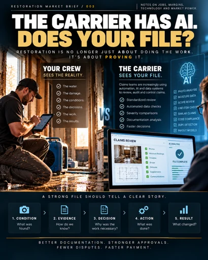 Restoration Market Brief 003 artwork: a crew member documenting water damage opposite a carrier’s AI claims review, under the headline The Carrier Has AI. Does Your File?